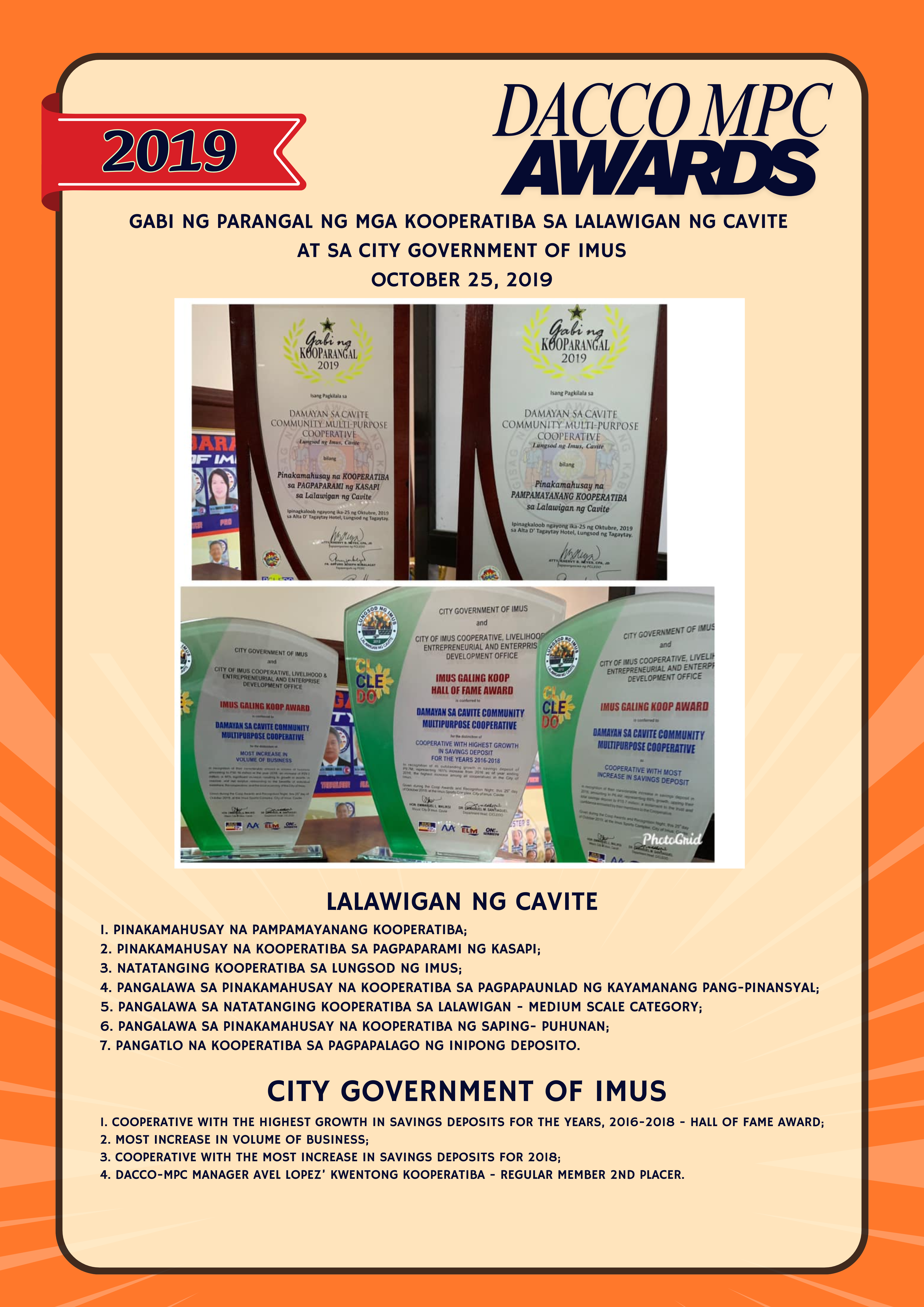 Gabi ng parangal ng mga Kooperatiba sa lalawigan ng Cavite at sa city government of Imus